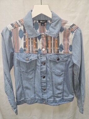 Main St. Southwestern Aztec Print Mixed Media Denim Jean Jacket Women's Size S